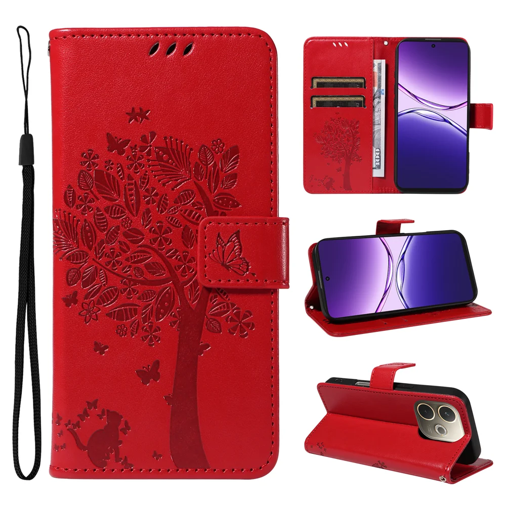 For Oppo A5 Pro 4G (Global) / 5G (Global) / A5 Energy 5G (China) Phone Case Stand Cat Tree Pattern Leather Wallet Mobile Cover - Grey-Cellmalls