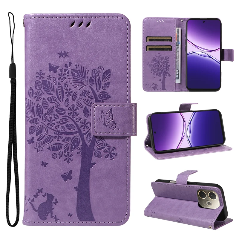 For Oppo A5 Pro 4G (Global) / 5G (Global) / A5 Energy 5G (China) Phone Case Stand Cat Tree Pattern Leather Wallet Mobile Cover - Grey-Cellmalls