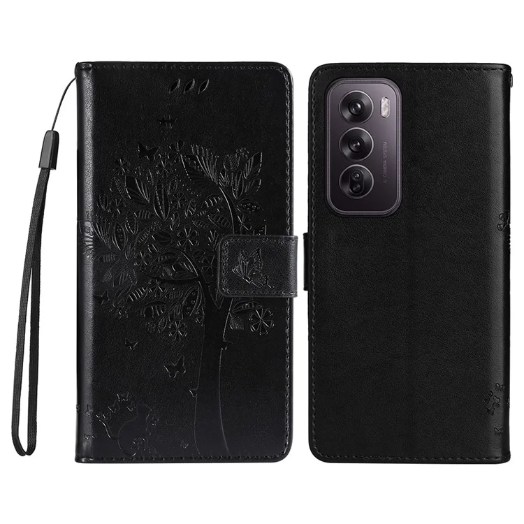For Oppo Reno12 Pro 5G (Global) / (China) Phone Case with Stand Cat Tree Pattern Leather Wallet Mobile Cover - Black-Cellmalls