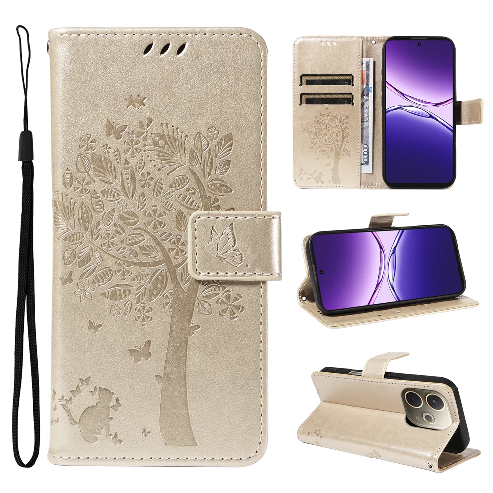 For Oppo A5 Pro 4G (Global) / 5G (Global) / A5 Energy 5G (China) Phone Case Stand Cat Tree Pattern Leather Wallet Mobile Cover - Grey-Cellmalls