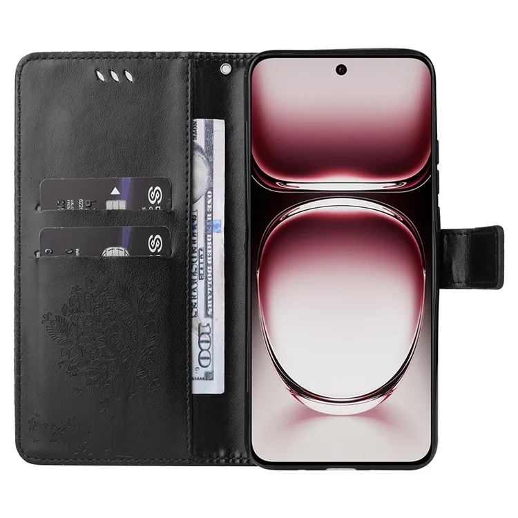 For Oppo Reno12 Pro 5G (Global) / (China) Phone Case with Stand Cat Tree Pattern Leather Wallet Mobile Cover - Black-Cellmalls