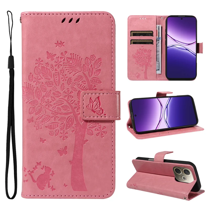 For Oppo A5 Pro 4G (Global) / 5G (Global) / A5 Energy 5G (China) Phone Case Stand Cat Tree Pattern Leather Wallet Mobile Cover - Grey-Cellmalls