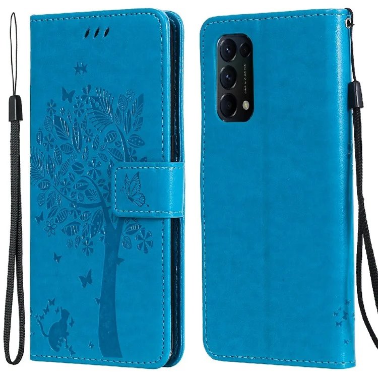 For Oppo Reno5 5G Phone Case with Stand Cat Tree Pattern Leather Wallet Mobile Cover - Blue-Cellmalls