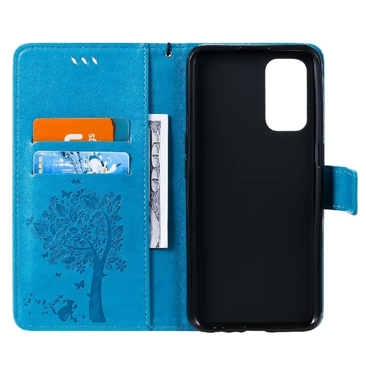 For Oppo Reno5 5G Phone Case with Stand Cat Tree Pattern Leather Wallet Mobile Cover - Blue-Cellmalls