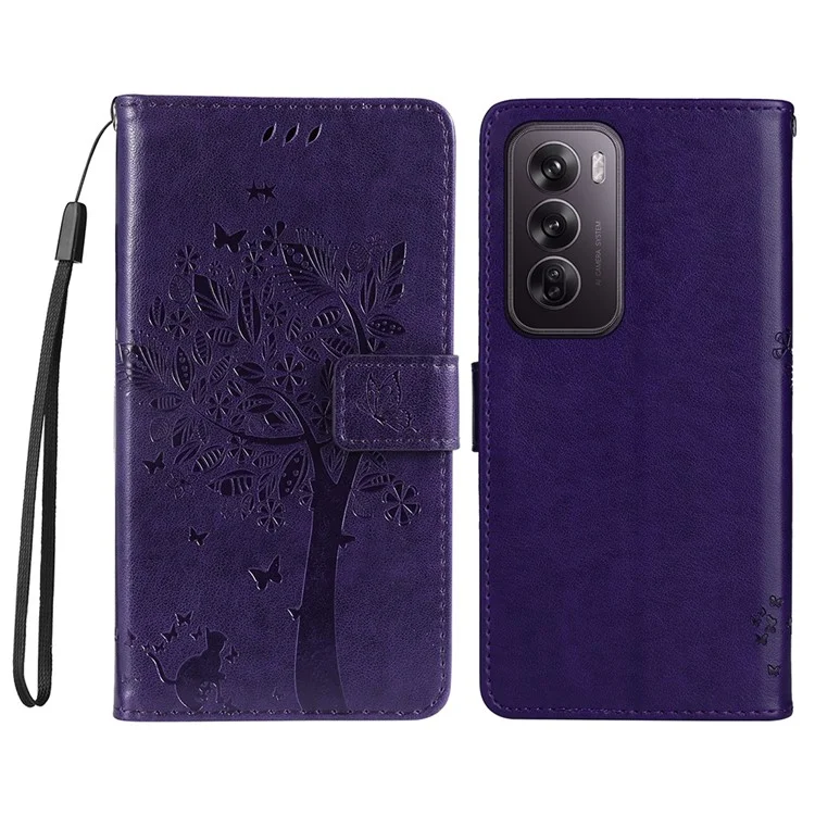 For Oppo Reno12 Pro 5G (Global) / (China) Phone Case with Stand Cat Tree Pattern Leather Wallet Mobile Cover - Black-Cellmalls