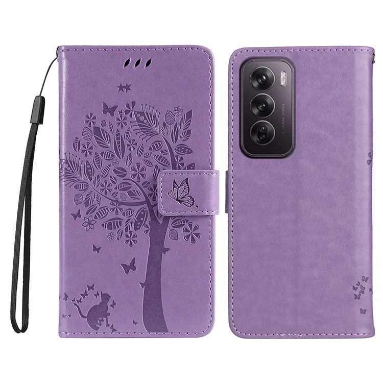 For Oppo Reno12 Pro 5G (Global) / (China) Phone Case with Stand Cat Tree Pattern Leather Wallet Mobile Cover - Black-Cellmalls