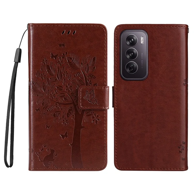 For Oppo Reno12 Pro 5G (Global) / (China) Phone Case with Stand Cat Tree Pattern Leather Wallet Mobile Cover - Black-Cellmalls