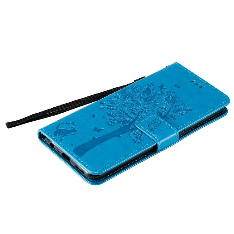 For Oppo Reno5 5G Phone Case with Stand Cat Tree Pattern Leather Wallet Mobile Cover - Blue-Cellmalls