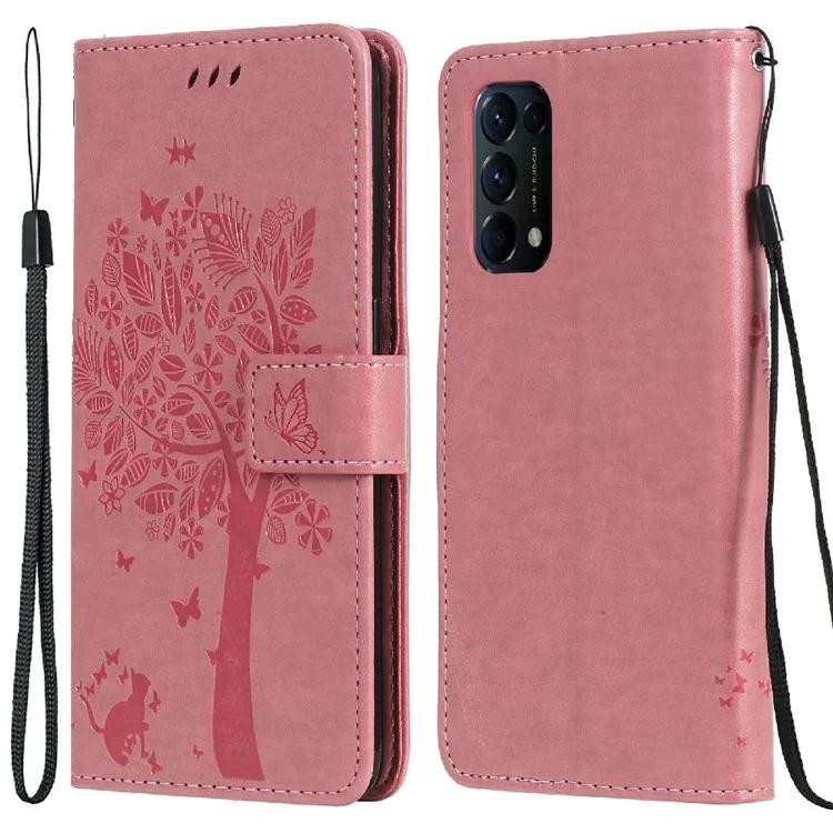 For Oppo Reno5 5G Phone Case with Stand Cat Tree Pattern Leather Wallet Mobile Cover - Blue-Cellmalls