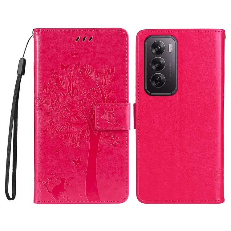 For Oppo Reno12 Pro 5G (Global) / (China) Phone Case with Stand Cat Tree Pattern Leather Wallet Mobile Cover - Black-Cellmalls
