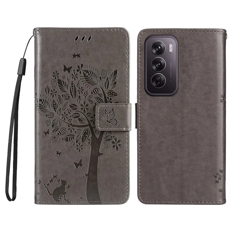 For Oppo Reno12 Pro 5G (Global) / (China) Phone Case with Stand Cat Tree Pattern Leather Wallet Mobile Cover - Black-Cellmalls