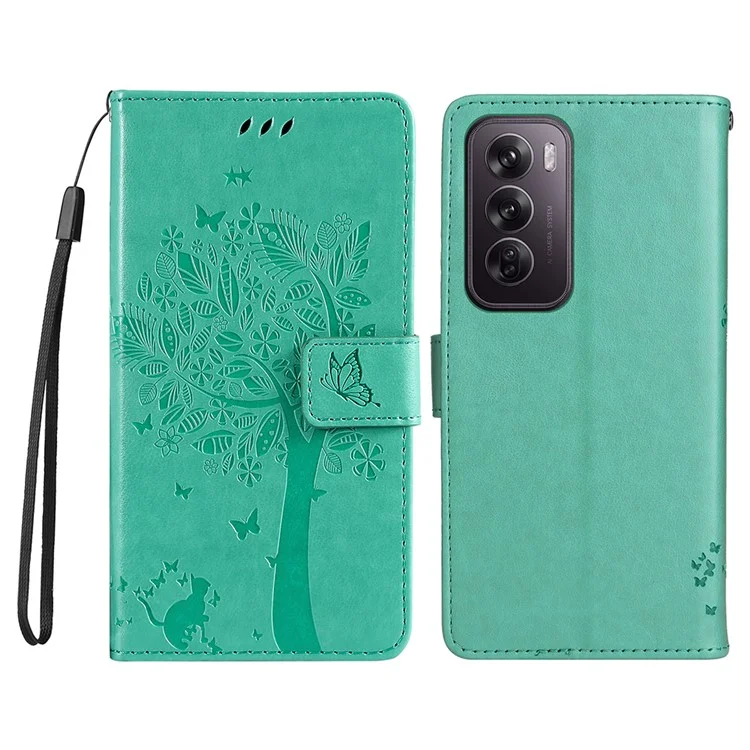 For Oppo Reno12 Pro 5G (Global) / (China) Phone Case with Stand Cat Tree Pattern Leather Wallet Mobile Cover - Black-Cellmalls