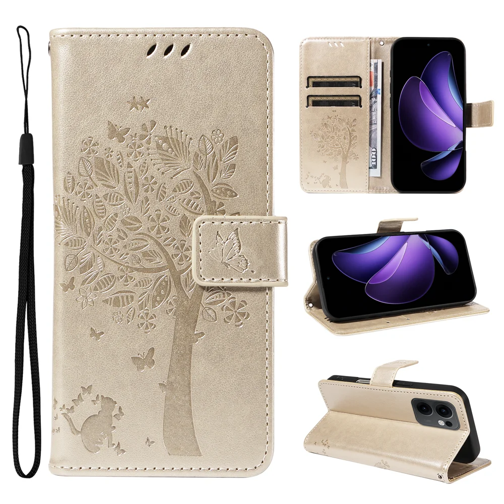 For Oppo Reno13 F 5G Phone Case with Stand Cat Tree Pattern Leather Wallet Mobile Cover - Grey-Cellmalls