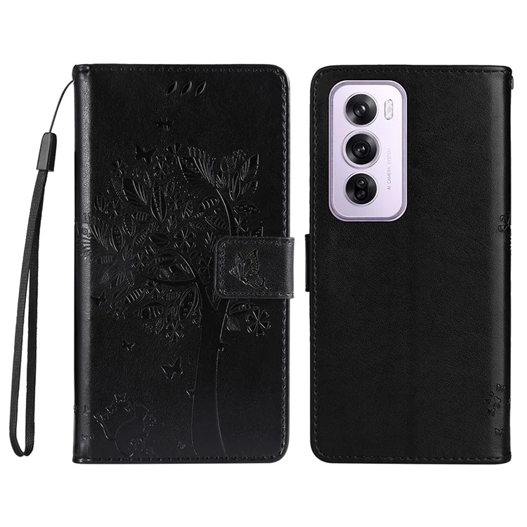 For Oppo Reno12 5G (Global) Phone Case with Stand Cat Tree Pattern Leather Wallet Mobile Cover - Black-Cellmalls