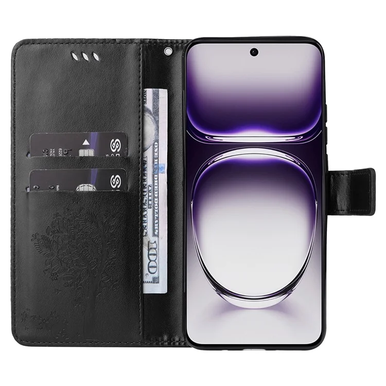 For Oppo Reno12 5G (Global) Phone Case with Stand Cat Tree Pattern Leather Wallet Mobile Cover - Black-Cellmalls