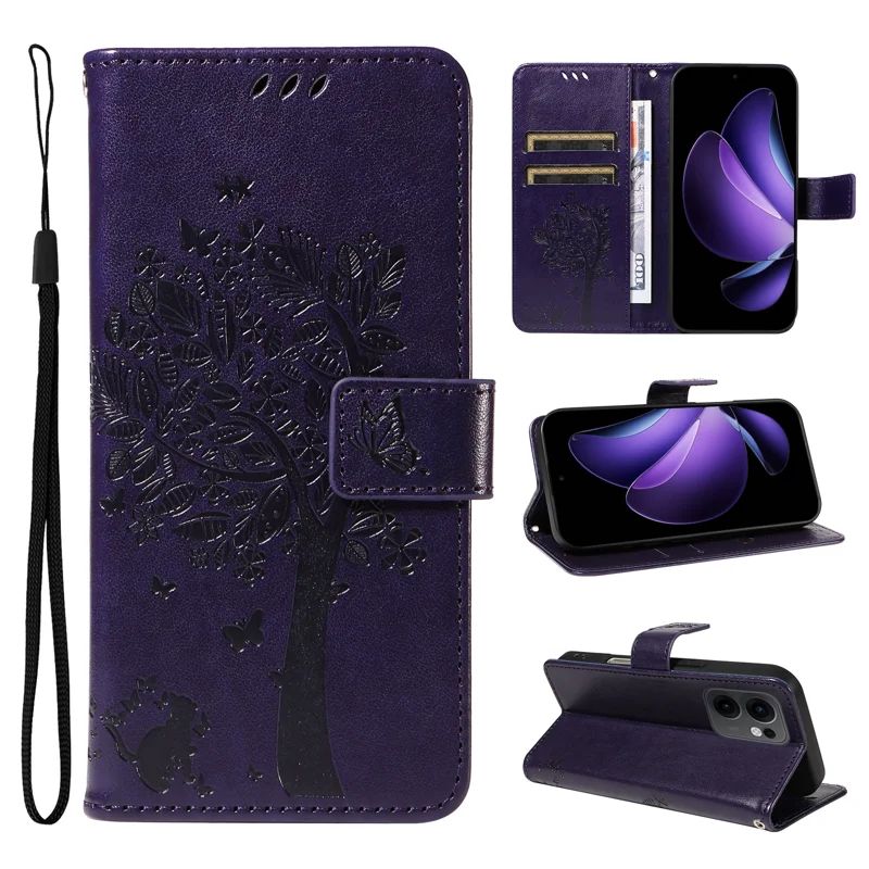 For Oppo Reno13 F 5G Phone Case with Stand Cat Tree Pattern Leather Wallet Mobile Cover - Grey-Cellmalls