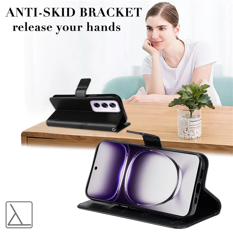 For Oppo Reno12 5G (Global) Phone Case with Stand Cat Tree Pattern Leather Wallet Mobile Cover - Black-Cellmalls