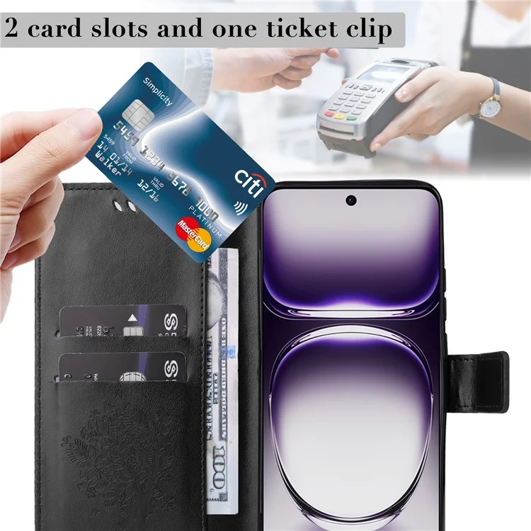 For Oppo Reno12 5G (Global) Phone Case with Stand Cat Tree Pattern Leather Wallet Mobile Cover - Black-Cellmalls