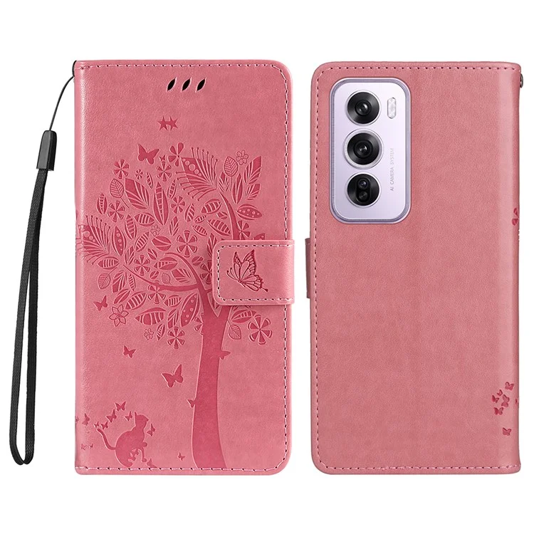 For Oppo Reno12 5G (Global) Phone Case with Stand Cat Tree Pattern Leather Wallet Mobile Cover - Black-Cellmalls