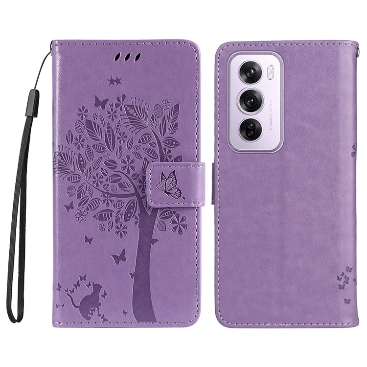 For Oppo Reno12 5G (Global) Phone Case with Stand Cat Tree Pattern Leather Wallet Mobile Cover - Black-Cellmalls