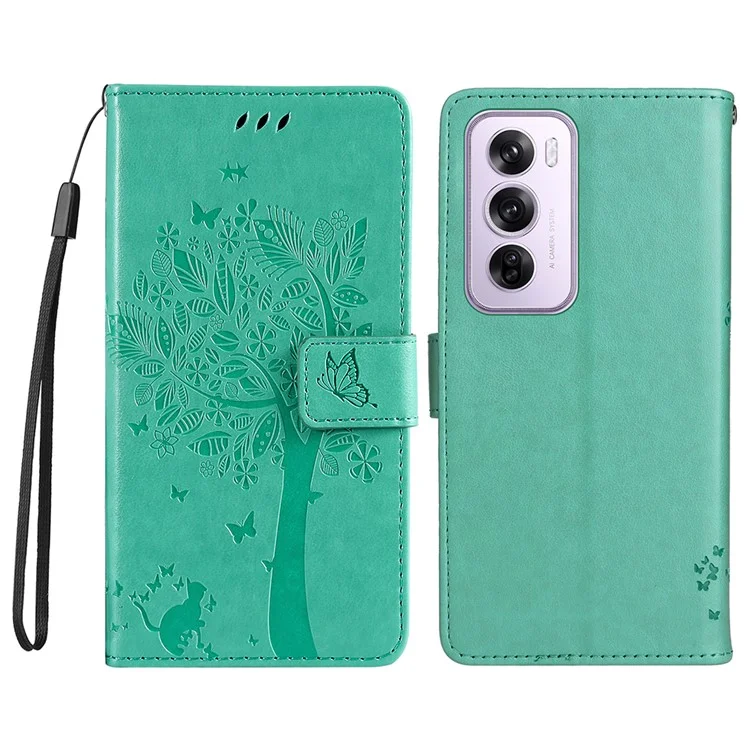 For Oppo Reno12 5G (Global) Phone Case with Stand Cat Tree Pattern Leather Wallet Mobile Cover - Black-Cellmalls