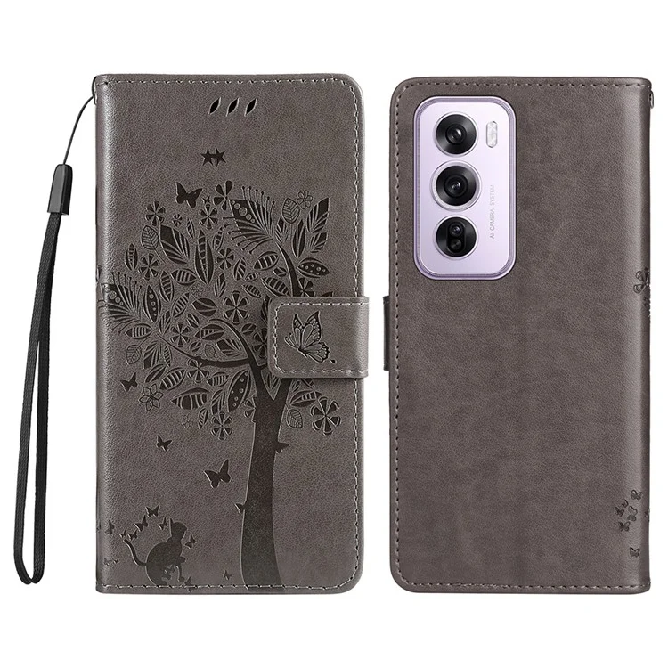 For Oppo Reno12 5G (Global) Phone Case with Stand Cat Tree Pattern Leather Wallet Mobile Cover - Black-Cellmalls