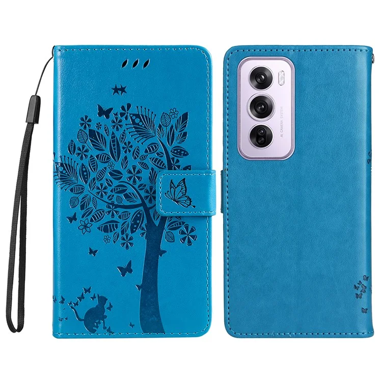 For Oppo Reno12 5G (Global) Phone Case with Stand Cat Tree Pattern Leather Wallet Mobile Cover - Black-Cellmalls