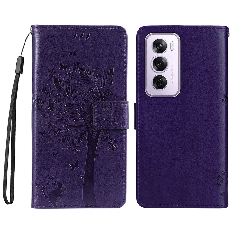 For Oppo Reno12 5G (Global) Phone Case with Stand Cat Tree Pattern Leather Wallet Mobile Cover - Black-Cellmalls