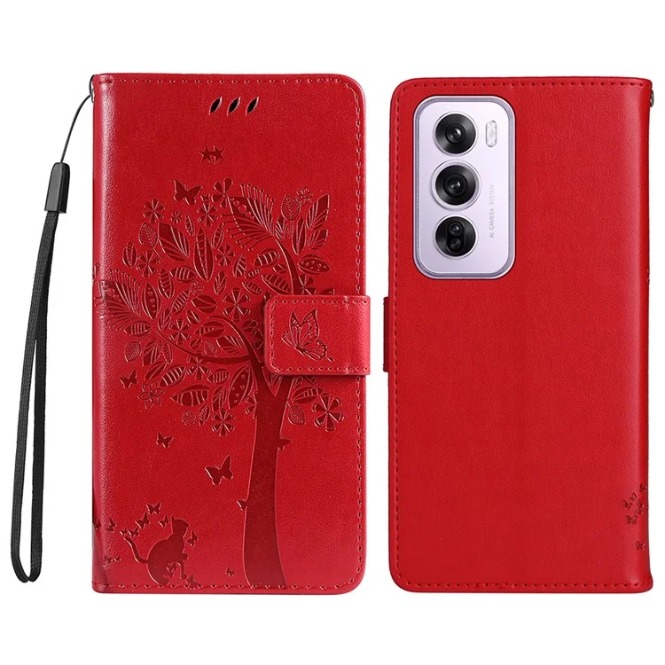 For Oppo Reno12 5G (Global) Phone Case with Stand Cat Tree Pattern Leather Wallet Mobile Cover - Black-Cellmalls