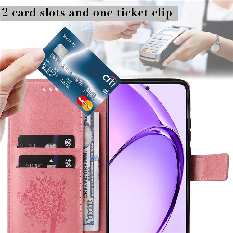 For Oppo A3 Pro (Global) 5G Phone Case with Stand Cat Tree Pattern Leather Wallet Mobile Cover - Pink-Cellmalls