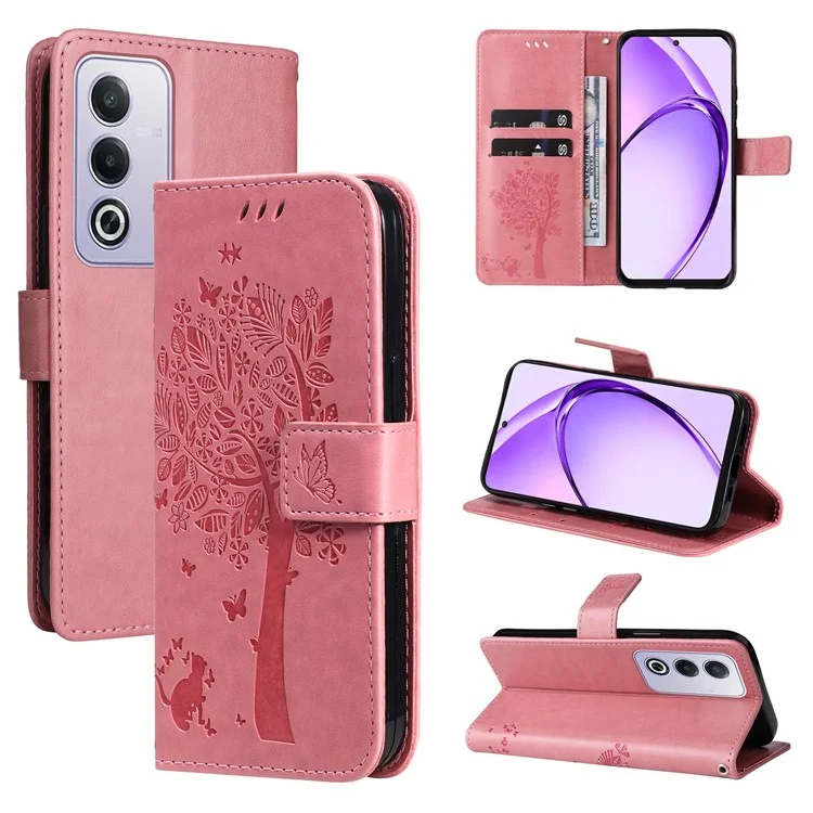 For Oppo A3 Pro (Global) 5G Phone Case with Stand Cat Tree Pattern Leather Wallet Mobile Cover - Pink-Cellmalls