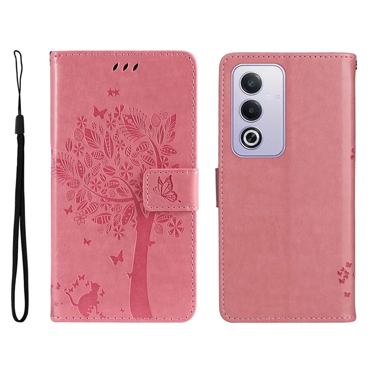 For Oppo A3 Pro (Global) 5G Phone Case with Stand Cat Tree Pattern Leather Wallet Mobile Cover - Pink-Cellmalls