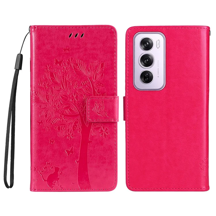 For Oppo Reno12 5G (Global) Phone Case with Stand Cat Tree Pattern Leather Wallet Mobile Cover - Black-Cellmalls