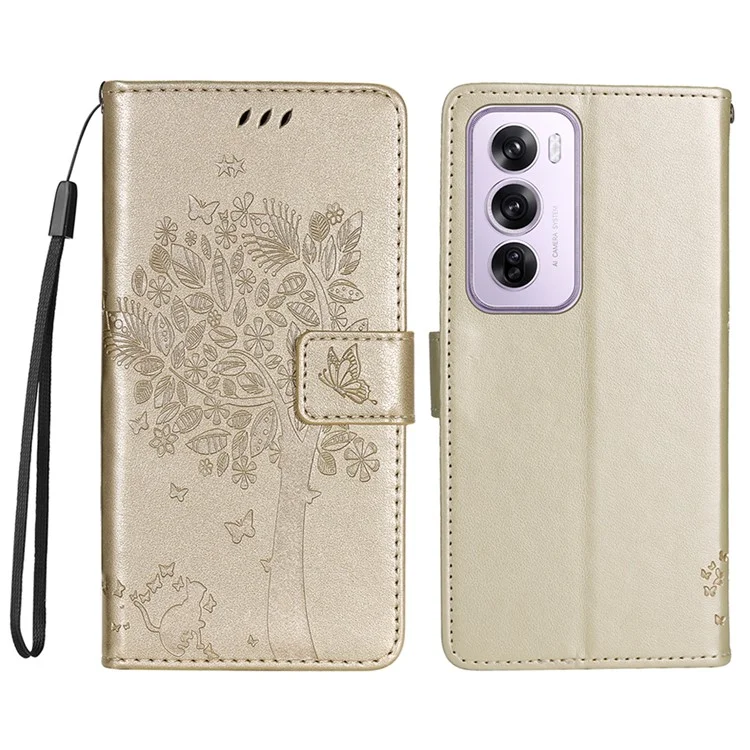 For Oppo Reno12 5G (Global) Phone Case with Stand Cat Tree Pattern Leather Wallet Mobile Cover - Black-Cellmalls