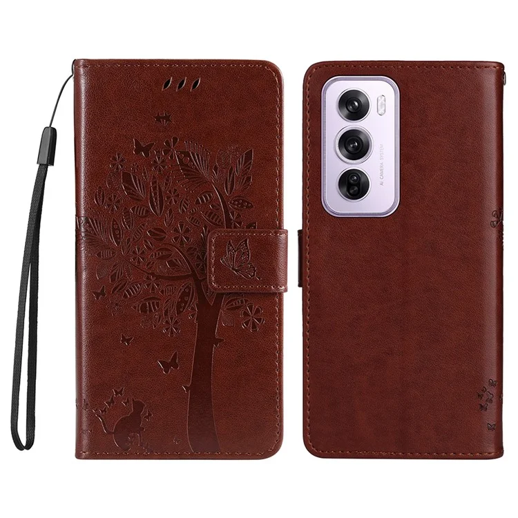 For Oppo Reno12 5G (Global) Phone Case with Stand Cat Tree Pattern Leather Wallet Mobile Cover - Black-Cellmalls