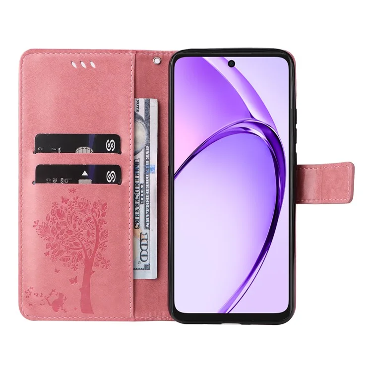 For Oppo A3x 4G / 5G (India) / A3 4G / 5G / A60 5G / A40 4G / A40M 4G Phone Case with Stand Cat Tree Pattern Leather Wallet Mobile Cover - Pink-Cellmalls