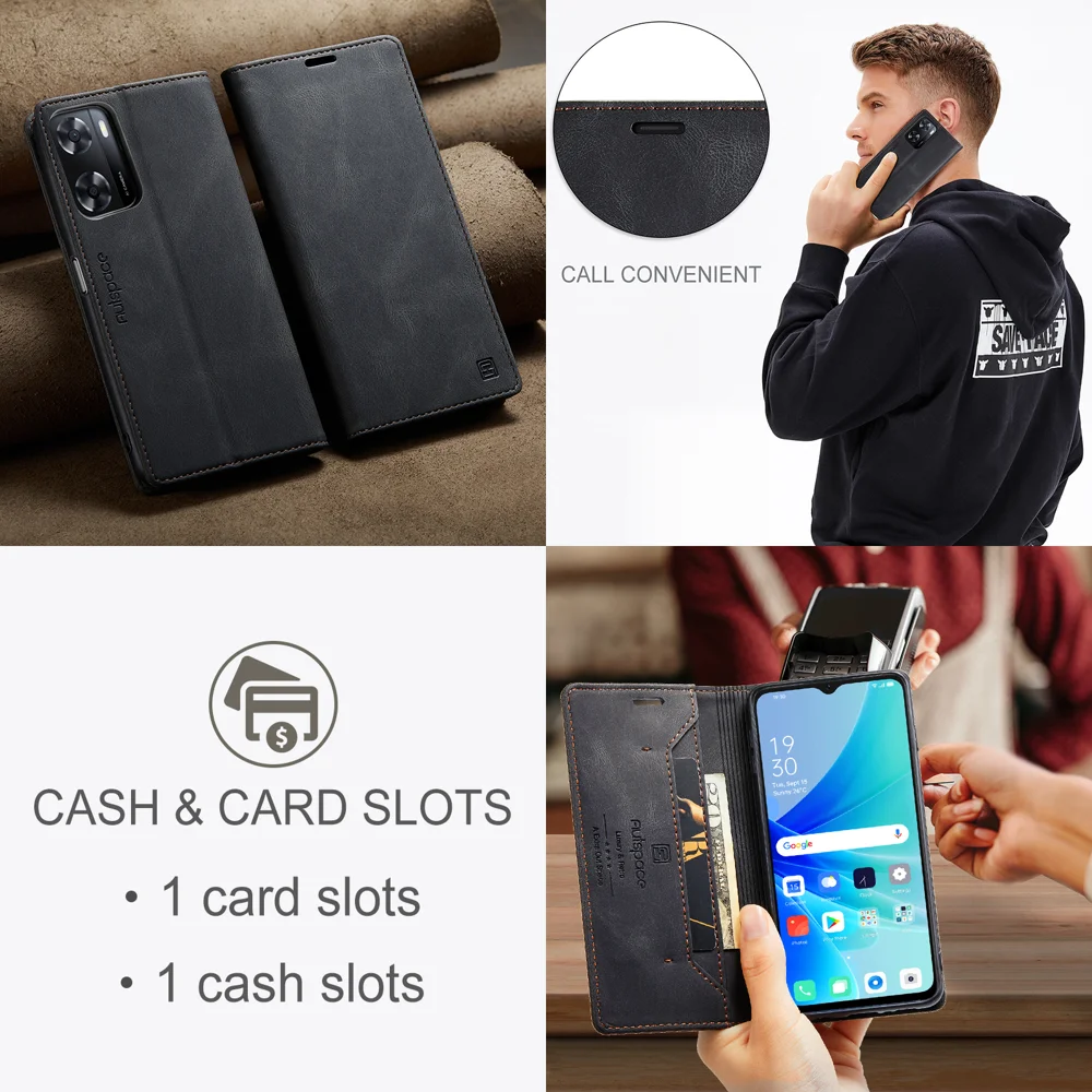 For Oppo A57s 4G / Oppo A57e 4G / Oppo A77 4G / Oppo A77s 4G / Oppo A57 4G Wallet Case AUTSPACE A01 Leather Stand Cover with RFID Blocking Card Holder - Black-Cellmalls