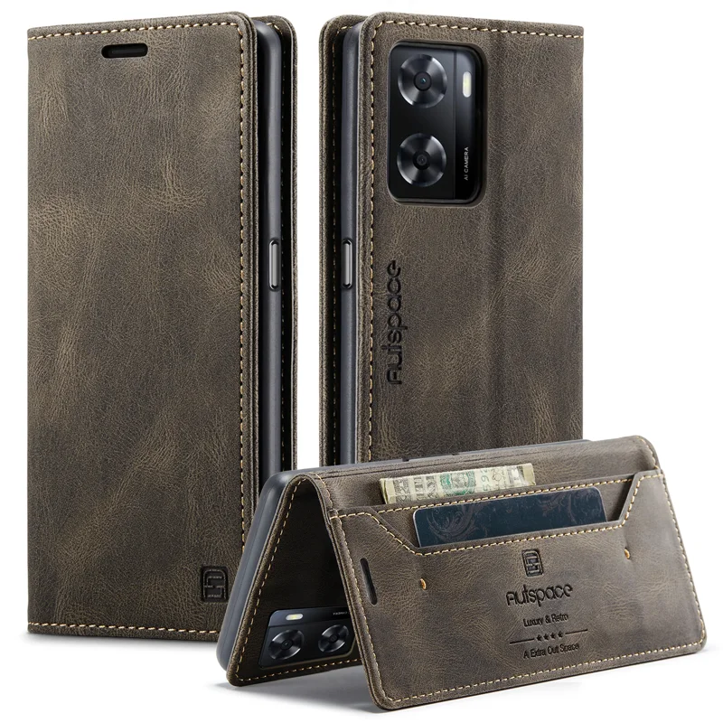 For Oppo A57s 4G / Oppo A57e 4G / Oppo A77 4G / Oppo A77s 4G / Oppo A57 4G Wallet Case AUTSPACE A01 Leather Stand Cover with RFID Blocking Card Holder - Black-Cellmalls