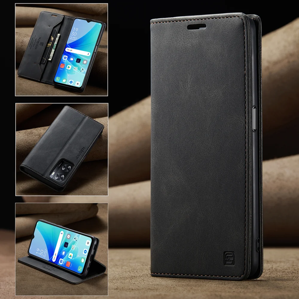 For Oppo A57s 4G / Oppo A57e 4G / Oppo A77 4G / Oppo A77s 4G / Oppo A57 4G Wallet Case AUTSPACE A01 Leather Stand Cover with RFID Blocking Card Holder - Black-Cellmalls