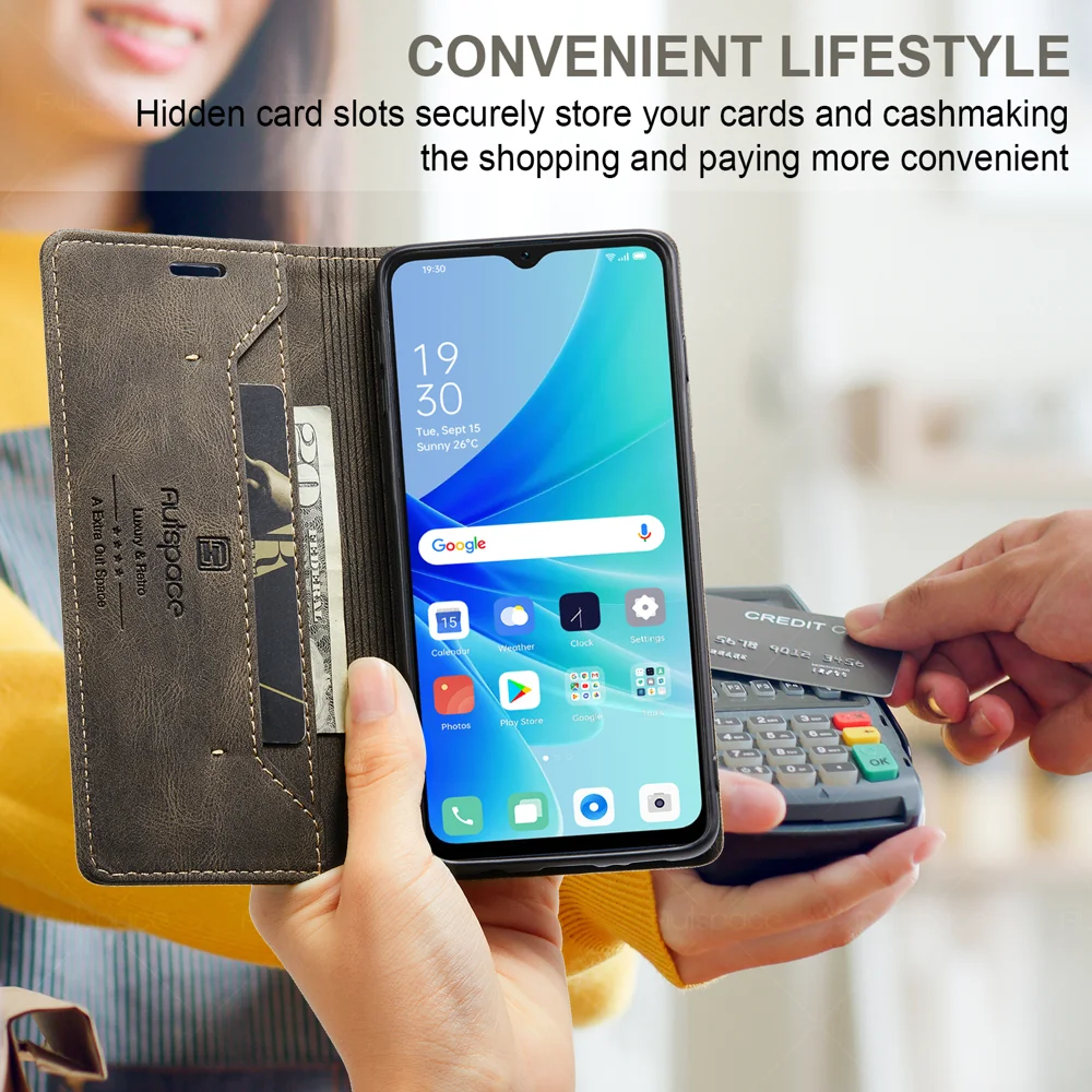 For Oppo A57s 4G / Oppo A57e 4G / Oppo A77 4G / Oppo A77s 4G / Oppo A57 4G Wallet Case AUTSPACE A01 Leather Stand Cover with RFID Blocking Card Holder - Black-Cellmalls