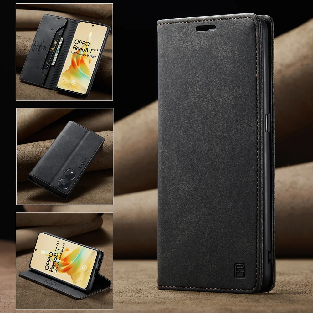 For Oppo Reno8 T 5G Wallet Case AUTSPACE A01 Leather Stand Cover with RFID Blocking Card Holder - Black-Cellmalls