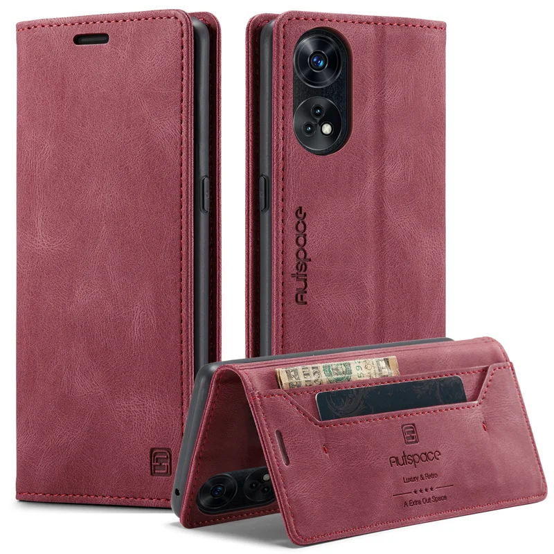 For Oppo Reno8 T 5G Wallet Case AUTSPACE A01 Leather Stand Cover with RFID Blocking Card Holder - Black-Cellmalls