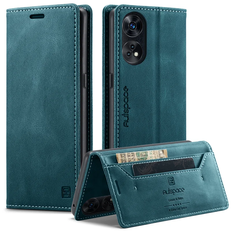 For Oppo Reno8 T 4G Wallet Case AUTSPACE A01 Leather Stand Cover with RFID Blocking Card Holder - Black-Cellmalls