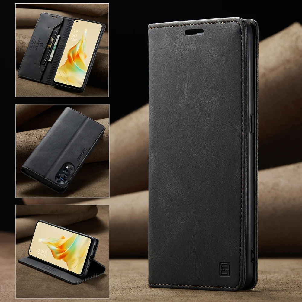 For Oppo Reno8 T 4G Wallet Case AUTSPACE A01 Leather Stand Cover with RFID Blocking Card Holder - Black-Cellmalls