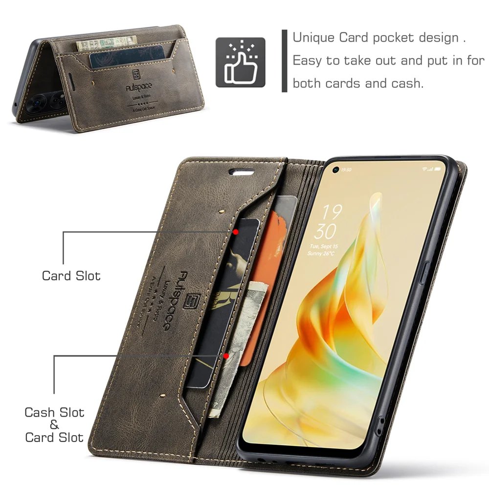 For Oppo Reno8 T 4G Wallet Case AUTSPACE A01 Leather Stand Cover with RFID Blocking Card Holder - Black-Cellmalls