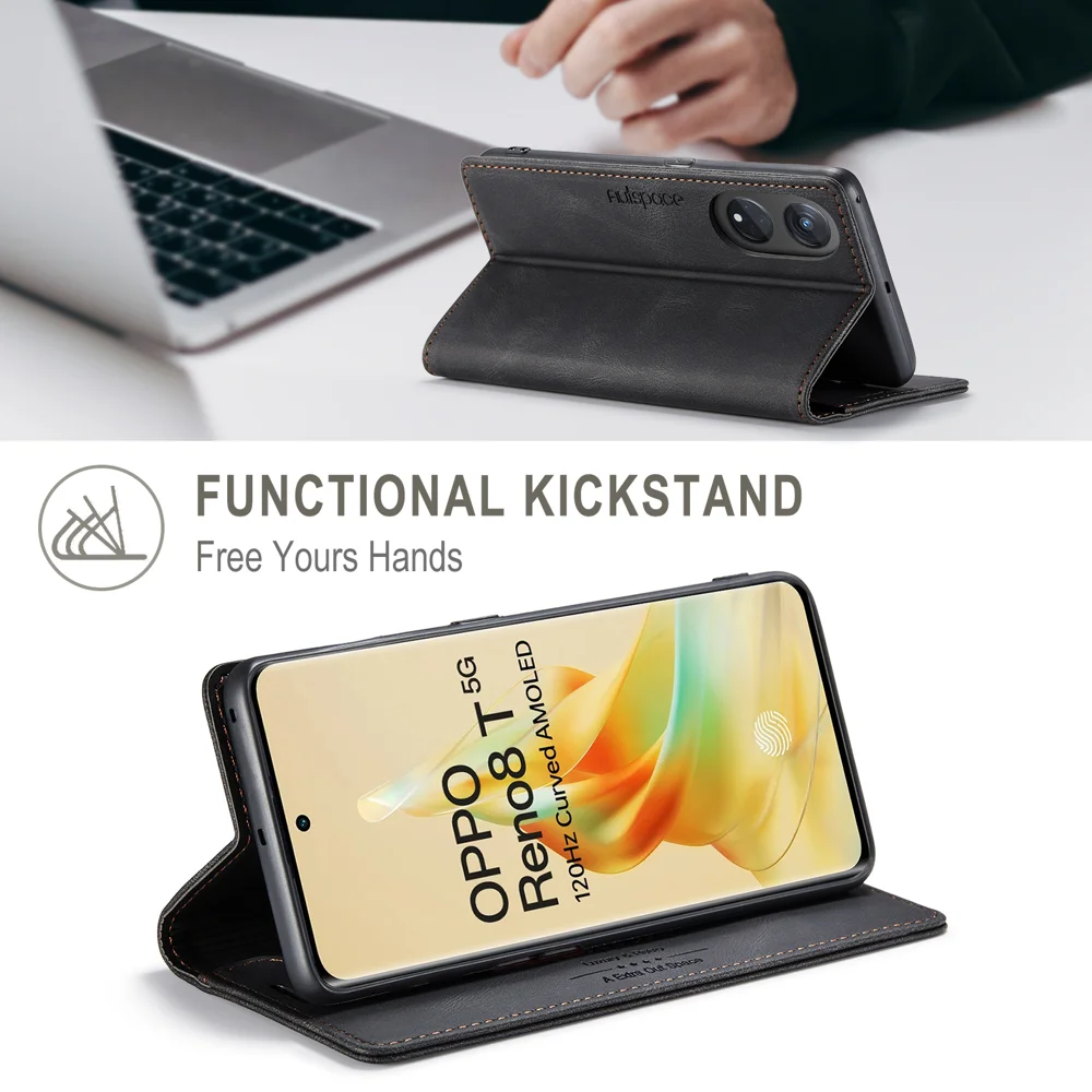For Oppo Reno8 T 5G Wallet Case AUTSPACE A01 Leather Stand Cover with RFID Blocking Card Holder - Black-Cellmalls