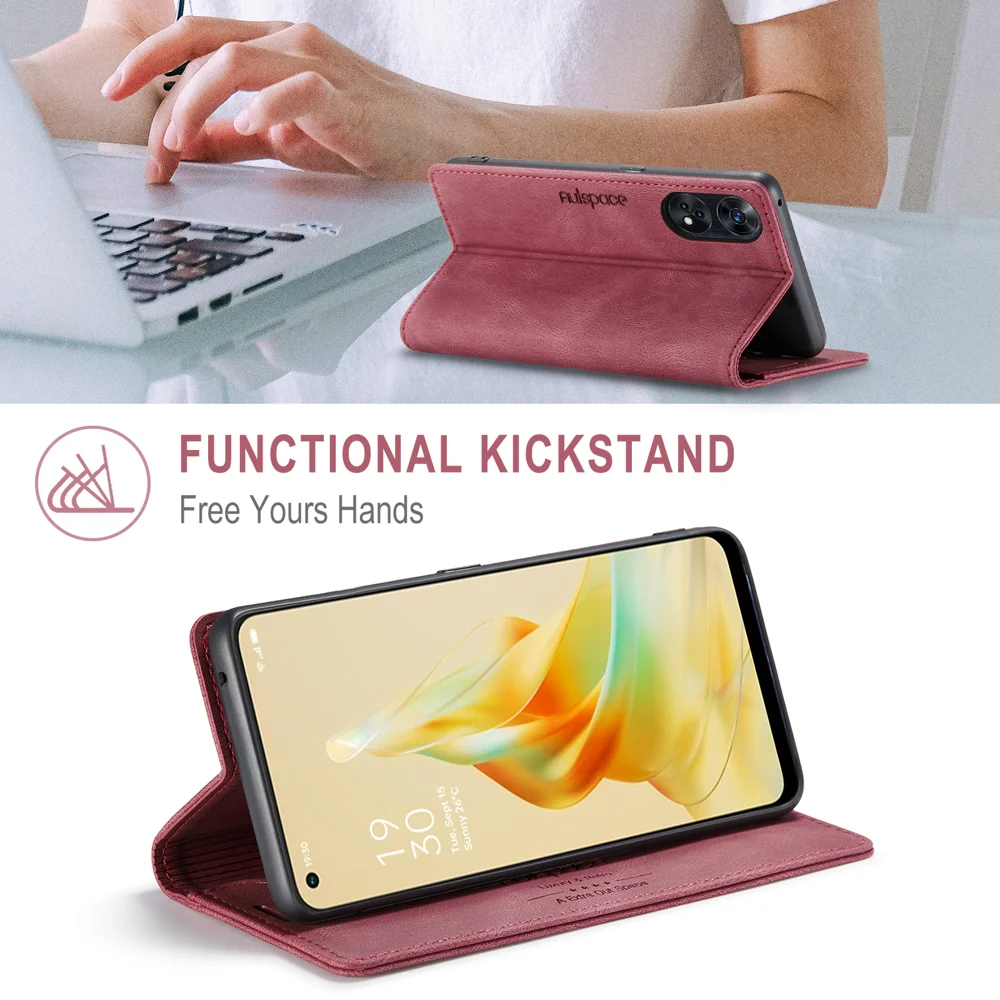 For Oppo Reno8 T 4G Wallet Case AUTSPACE A01 Leather Stand Cover with RFID Blocking Card Holder - Black-Cellmalls