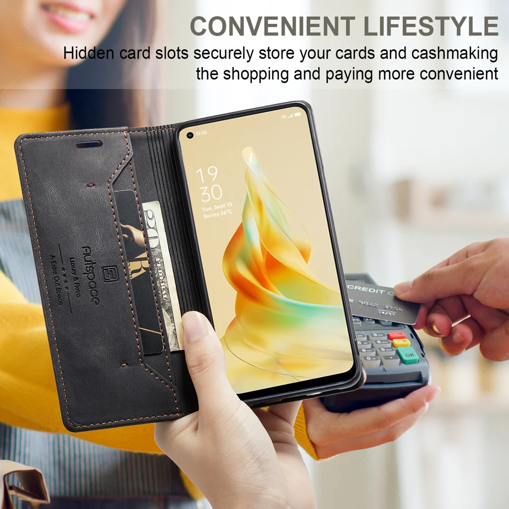 For Oppo Reno8 T 4G Wallet Case AUTSPACE A01 Leather Stand Cover with RFID Blocking Card Holder - Black-Cellmalls