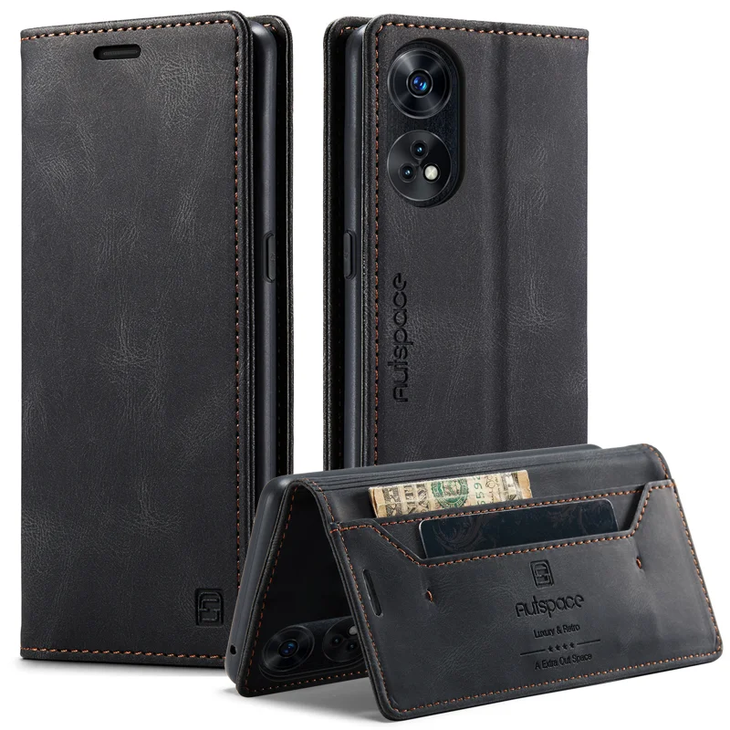 For Oppo Reno8 T 4G Wallet Case AUTSPACE A01 Leather Stand Cover with RFID Blocking Card Holder - Black-Cellmalls