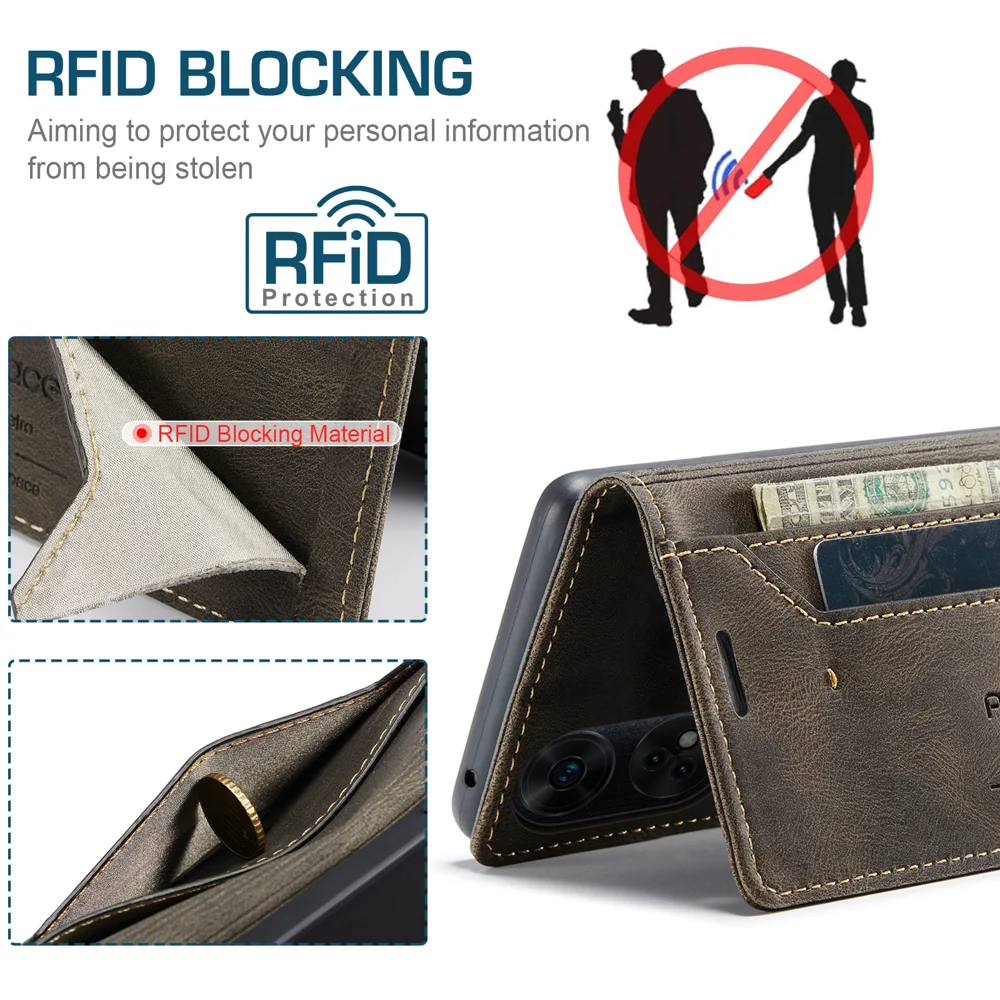 For Oppo Reno8 T 4G Wallet Case AUTSPACE A01 Leather Stand Cover with RFID Blocking Card Holder - Black-Cellmalls